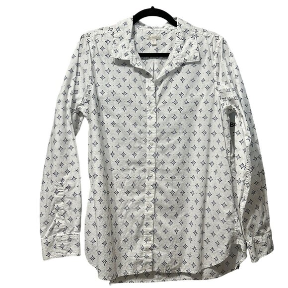 Garnet Hill size 10 white black print 100% organic cotton button front blouse - Picture 1 of 8